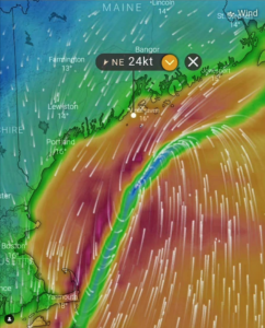 With 24 kts blowing steady on the docks where we were securely tied, and 35-40 blowing steady where we were headed